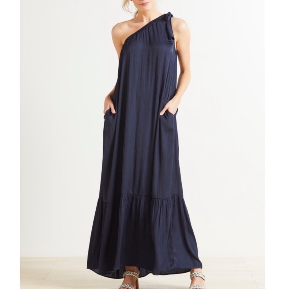 Evereve Hadley Maxi Dress One Shoulder Tie Navy Blue Size Small